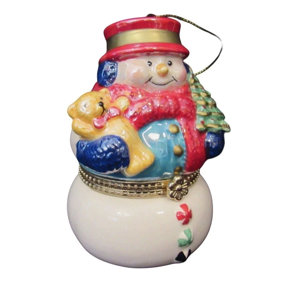 Snowman Music Box Christmas‎ Ornament w Teddy Bear Tree - Music Box Inoperabke